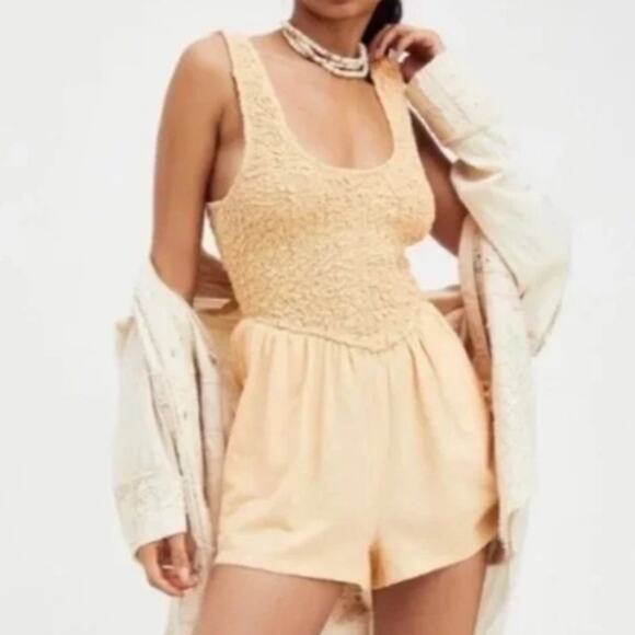 Free People Pants - Free People Orange Boho Smocked Sleeveless Juliette Romper XS Summer Vacation